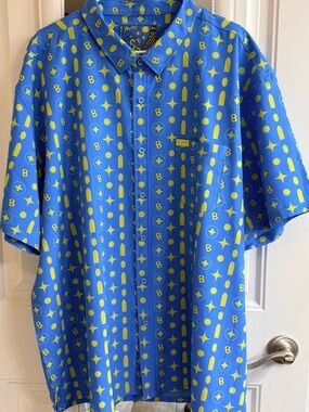 3XL Retro Rifle Brownells Blue Short-Sleeve Button-Up with Yellow Icon Print